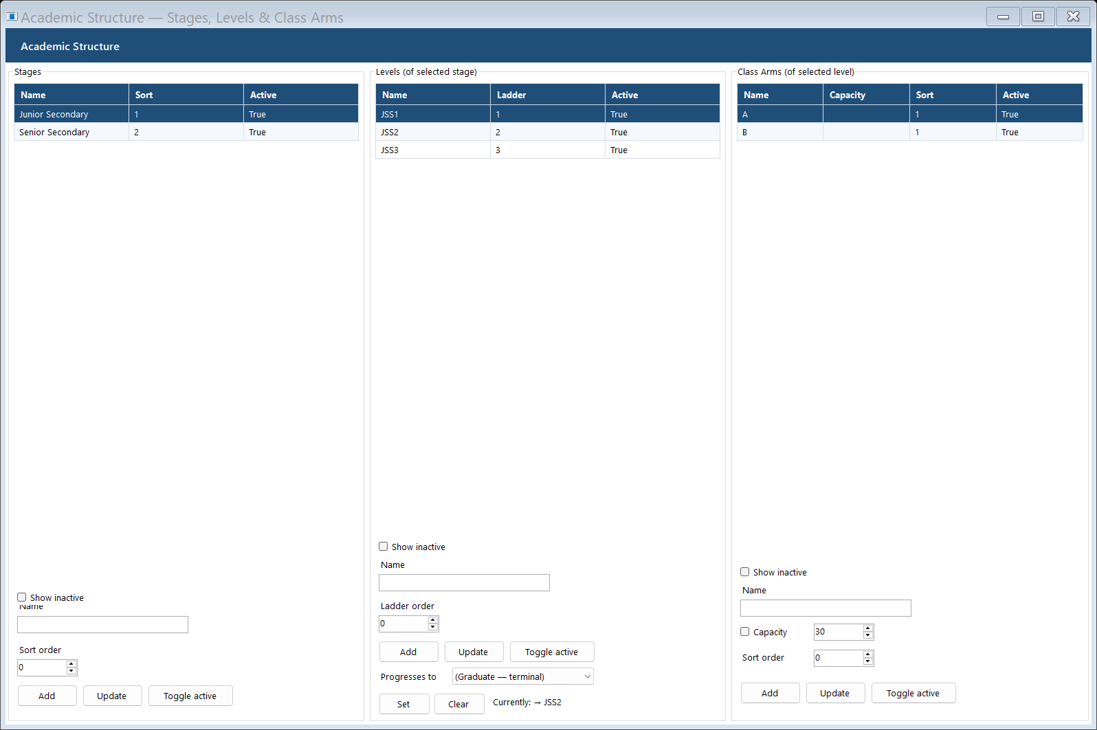 Indelo academic structure screen showing stages, levels and class arms