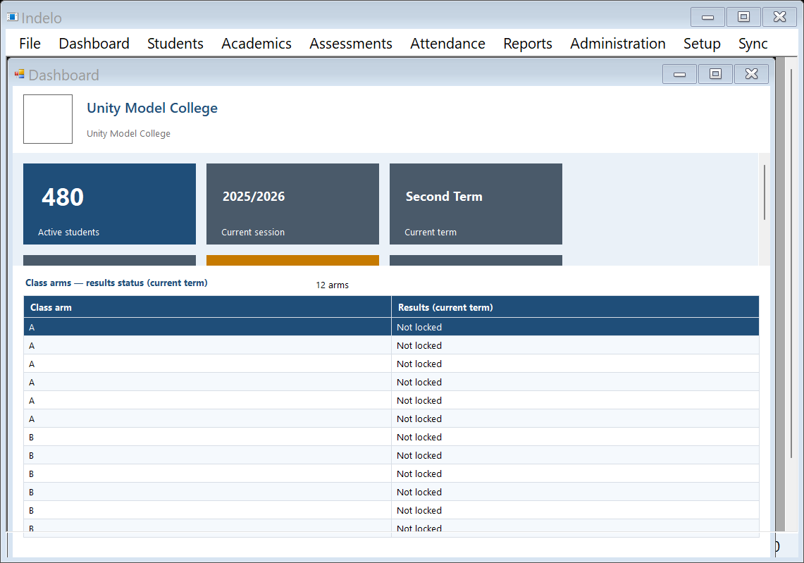 Indelo Windows application shell with dashboard child window open