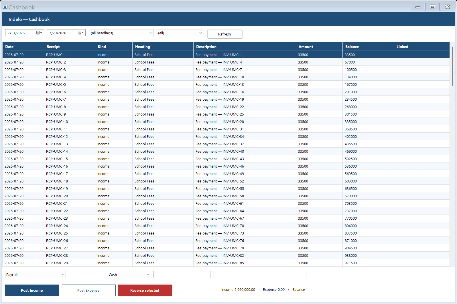 Indelo cashbook listing dated receipts, headings, amounts and a running balance