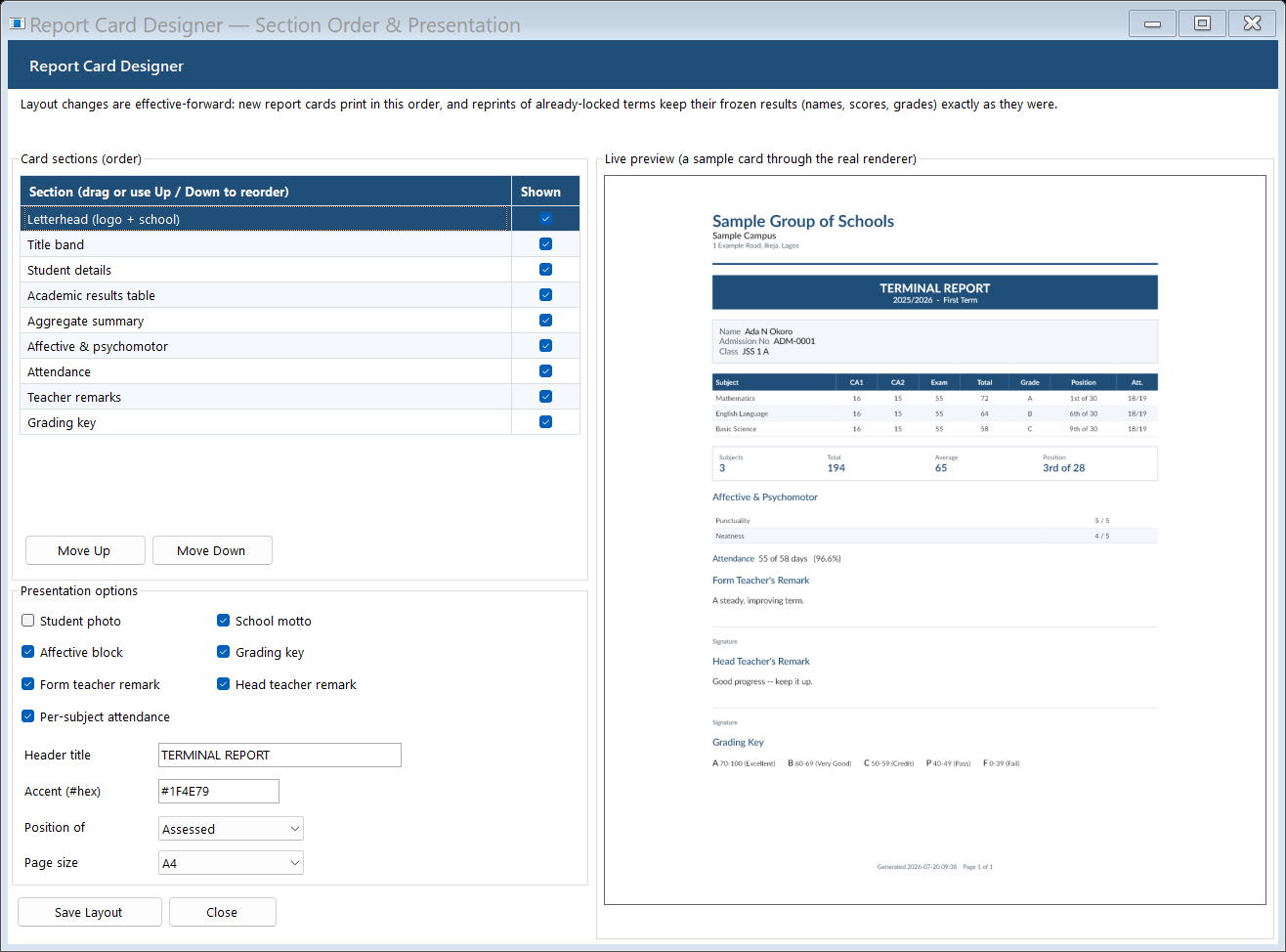 Indelo report card designer showing section ordering beside a live preview of a terminal report card