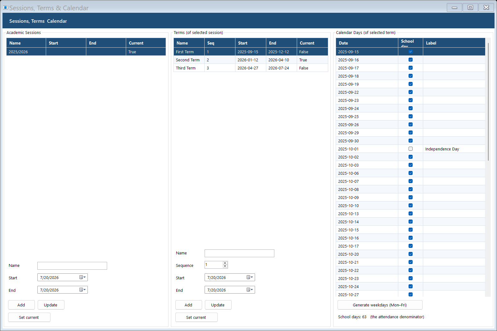Indelo calendar screen showing an academic session, three terms and dated school days