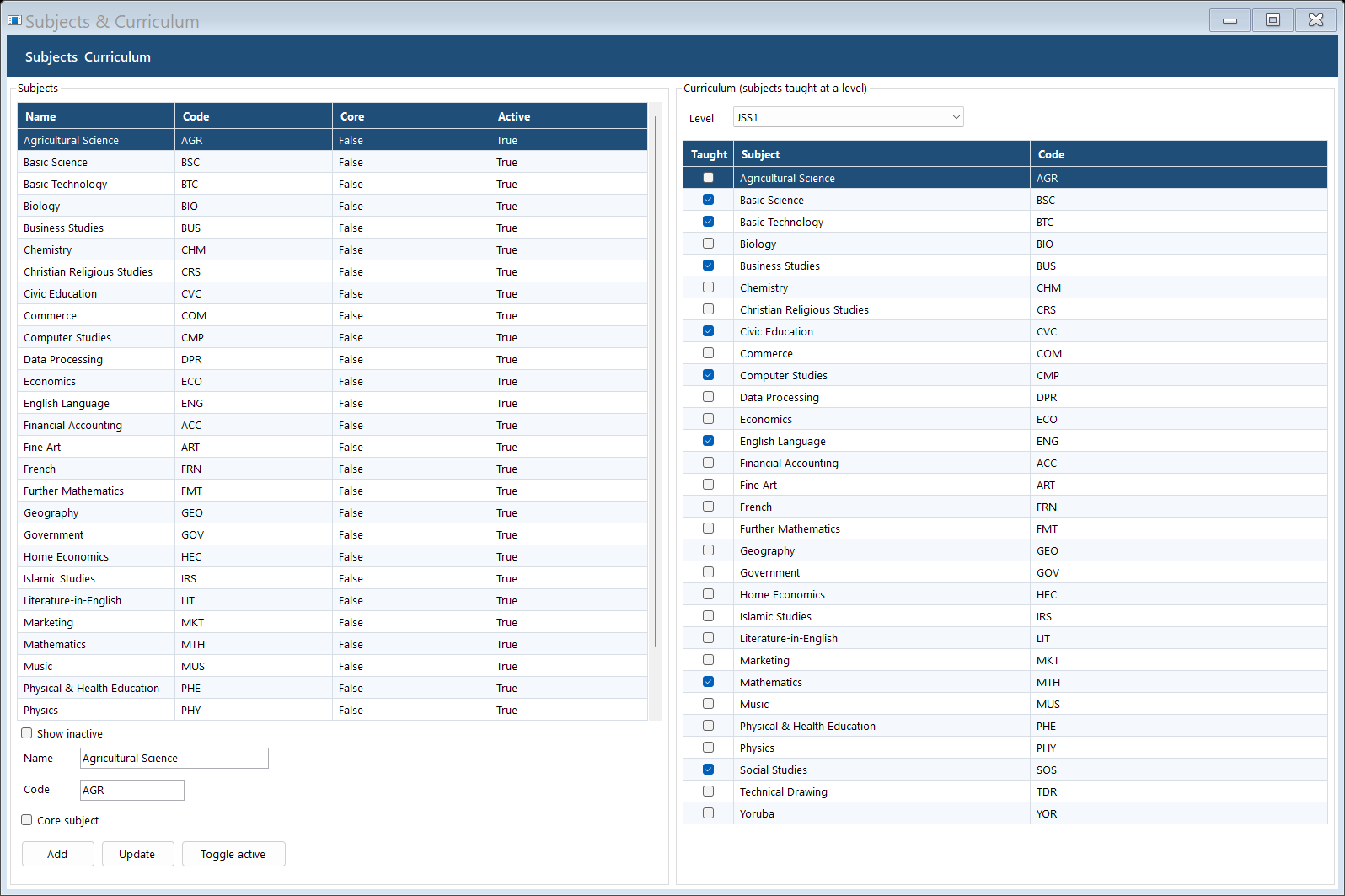 Indelo subjects and curriculum screen mapping subjects to a junior secondary level